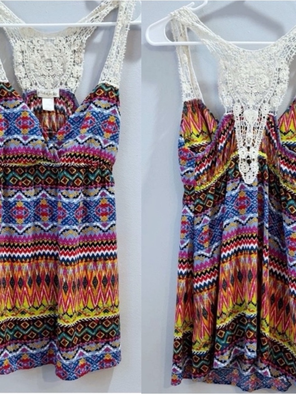 Belle du Jour Boho Festival Dress Crochet Lace Back Tribal Print Southwestern M